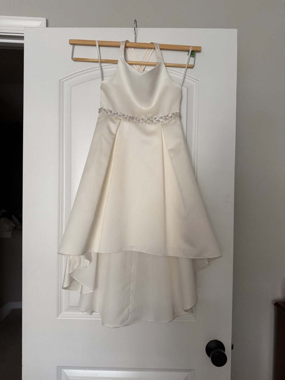 David's Bridal Ivory High-Low Flower Girl Dress with Beaded Waist